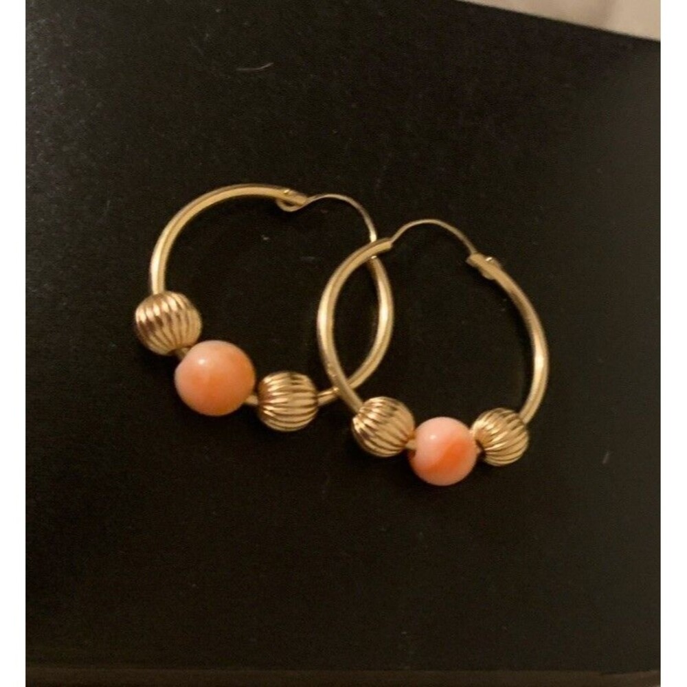Vintage 14K Yellow Gold Hoop Earrings Stone Bead Enhancer Coral  Jade Amethyst